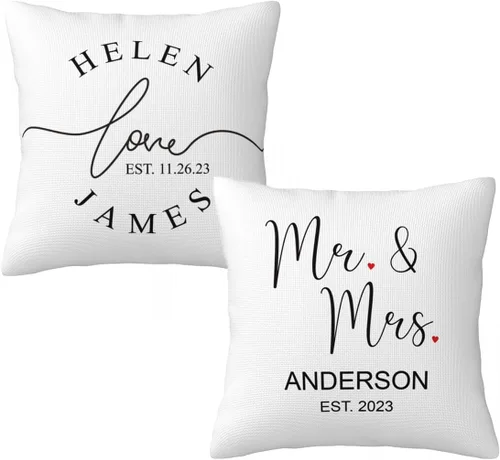 Miniatura 7 de Elegante juego de 2 fundas de almohada de lino blanco de Mr & Mrs personalizadas, regalos de boda, despedida de soltera, día de San Valentín