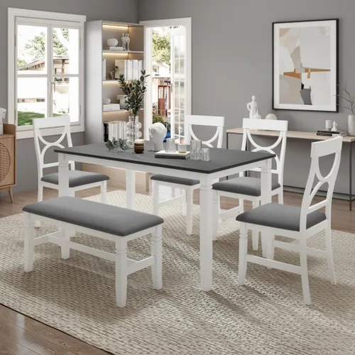 Miniatura 17 de LUMISOL Juego de 6 mesas de comedor de estilo rústico para 6, mesa de cocina de madera maciza de 60 pulgadas con banco y 4 sillas, acabado marrón