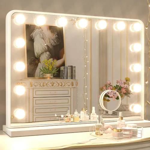 Keonjinn Espejo de tocador Hollywood con luces y altavoz Bluetooth, 15 bombillas reemplazables, espejo de maquillaje con 2 bombillas de repuesto, 3