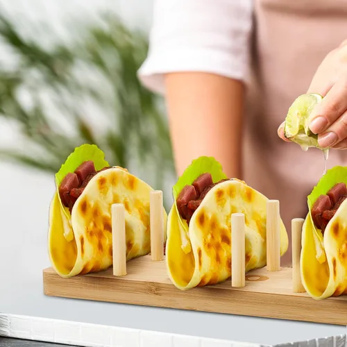 Miniatura 5 de Pinkunn 4 bandejas de bambú para tacos, 8 bandejas de tacos suaves o rígidos, soporte de madera para servir alimentos para tortillas, burritos