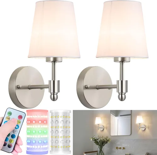 Juego de 2 apliques de pared a pilas, luz de pared inalámbrica con bombilla magnética recargable RGB de 10000 mAh, aplique de pared recargable con