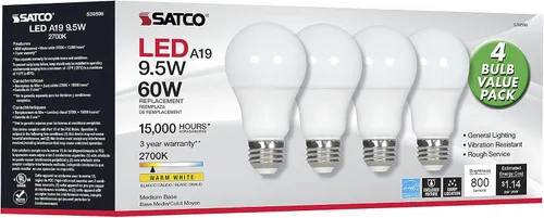 Miniatura 7 de Satco S39596 9.5A19/LED/827/ND/120V/4PK - Paquete de 4