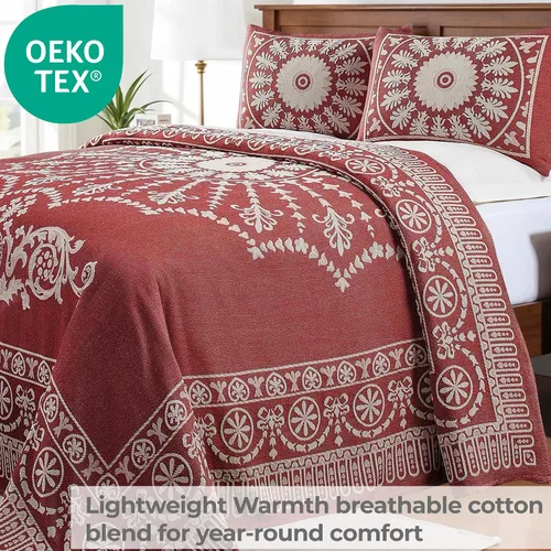 Miniatura 6 de Superior Juego de colcha de mezcla de algodón de 3 piezas, manta ligera, 2 fundas de almohada a juego, ropa de cama a medida, dormitorio Berry Red