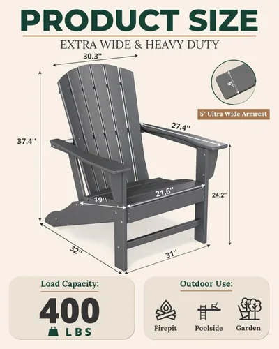 Miniatura 3 de BRIOPAWS - Juego de 2 sillas Adirondack Tamaño grande Silla para hoguera Plástico HDPE Para todo tipo de clima para terraza, al aire gris