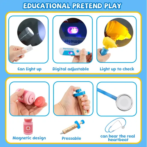 Miniatura 5 de Kit de médico para niños, 36 piezas de juego de doctor para niños pequeños de 3 a 5 años con bolsa de almacenamiento médico y estetoscopio real