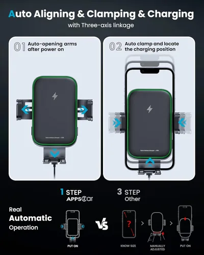 Miniatura 3 de APPS2Car Cargador inalámbrico de doble bobina para automóvil, sujeción automática de 15 W, soporte de carga inalámbrica para teléfono, soporte