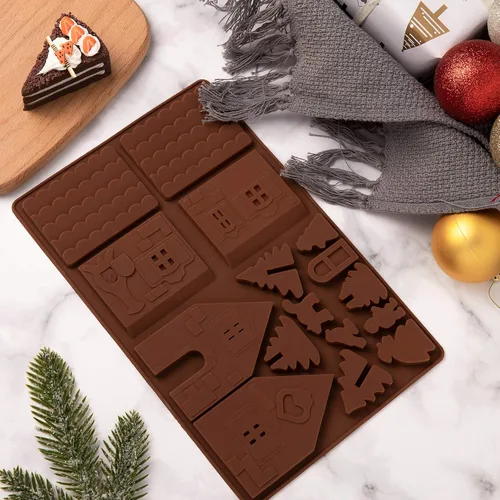 Miniatura 6 de Whaline Christams - Bandeja para hornear de casa de jengibre, moldes de silicona para postres, chocolate, dulces, galletas (2 piezas)
