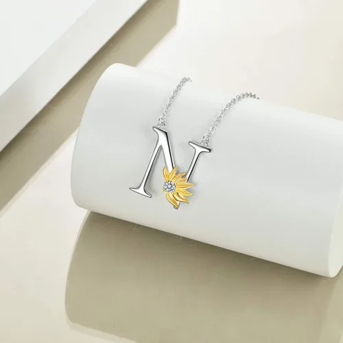 Miniatura 3 de POPLYKE Collar de girasol con inicial, regalos de girasol para mujeres y niñas, letra del alfabeto, letra y nombre, Plata esterlina, cristal