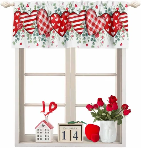 Miniatura 17 de Cortina de cenefas para el 4 de julio, diseño de corazón y bandera americana, cortina patriótica para ventanas de cocina, rojo, blanco y azul