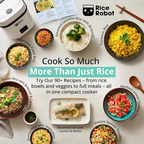 Miniatura 6 de Rice Robot - Arrocera personal, sin PFAS, antiadherente. Capacidad de 1 cuarto, con bandeja de vapor de acero inoxidable, tazas medidoras, libro