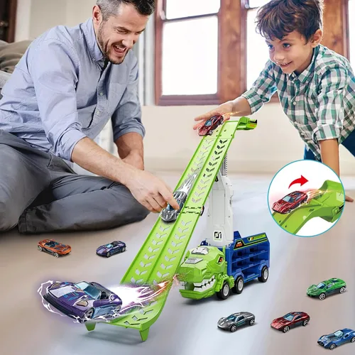 Miniatura 7 de Juguetes de camiones de dinosaurio para niños de 3, 4, 5, 6, 7, 8 años, juguetes de pista de carreras de camiones transportadores, juguete de coche