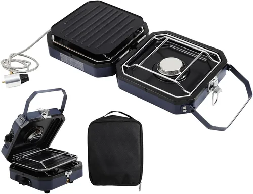 Miniatura 9 de Dollate Estufa de camping de 2 quemadores con bolsa de transporte, estufa de propano portátil de 16000 BTU para camping, estufa de camping plegable