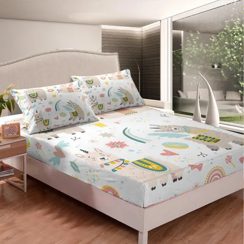 Miniatura 2 de Feelyou Juego de sábanas bajeras de alpaca para niños, lindo juego de ropa de cama con diseño de llama y donas de dibujos animados, juego de sábanas