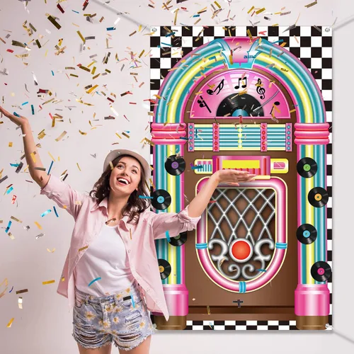 Miniatura 5 de Boao Jukebox - Pancarta recortada para decoración de los años 50, pancarta de rock and roll, telón de fondo retro para cumpleaños, decoración