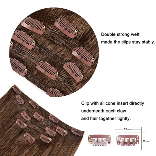 Miniatura 5 de 5 Piezas de extensiones de cabello humano Remy con clip - Extensiones de cabello real sedoso, corto y grueso para mujeres y niñas