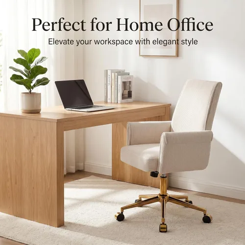 Miniatura 6 de ECHINGLE Silla de oficina ergonómica para computadora, silla de escritorio giratoria con respaldo medio con base dorada, altura ajustable para Crema