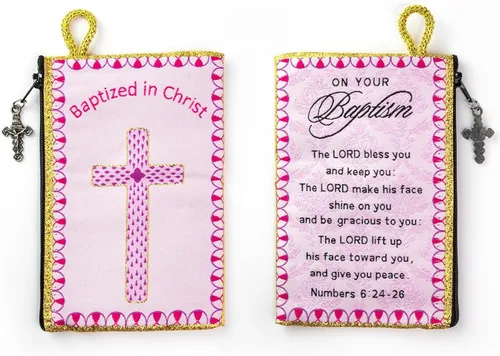 Miniatura 9 de Bolsa de rosario católico, estuche de rosario de bautismo para niños con números 6:24-26, versículo de la Biblia, 4 x 6 pulgadas, joyería y monedero