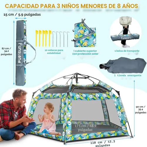 Miniatura 7 de Tienda de campaña desplegable para bebés, tienda de campaña para exteriores e interiores para playa con toldo, bolsa de viaje, patio de juegos Bosque