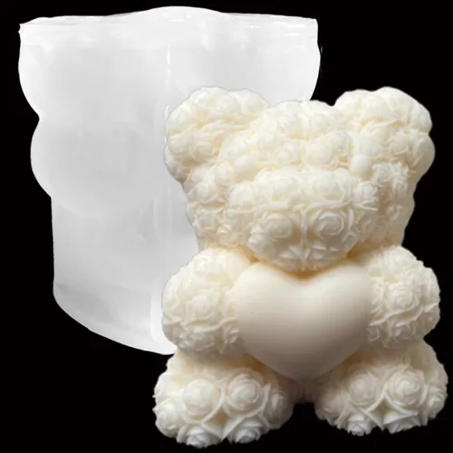 Moldes de vela de oso de rosas 3D, moldes de silicona para el día de San Valentín, pinte su propio corazón o vela de oso de rosa, regalos para el