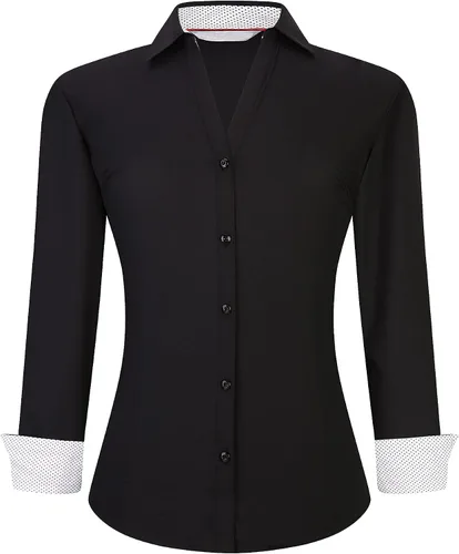 WARHORSEE Camisa de botones de manga larga para mujer, camisas de vestir de trabajo, cuello en V, de fácil cuidado, elásticas, blusas casuales de