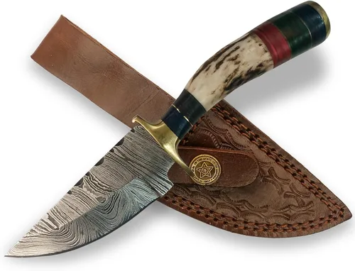 Cuchillo de asta de ciervo de Damasco hecho a mano, cuchillo afilado de 7 pulgadas, forjado al fuego, funda de cuero, regalo para cazador, camping,