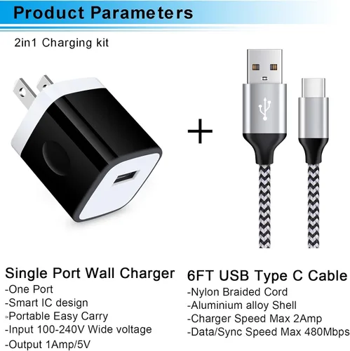Miniatura 2 de Cargador de pared tipo C, bloque de carga de 5 V/1 A, enchufe de pared con cable USB C de 6 pies, cable de carga tipo C para Samsung Galaxy S26