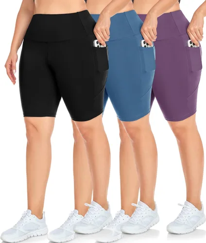 Miniatura 9 de NEW YOUNG Paquete de 3 pantalones cortos de ciclismo de talla grande con bolsillos para mujer, pantalones cortos de entrenamiento de cintura alta