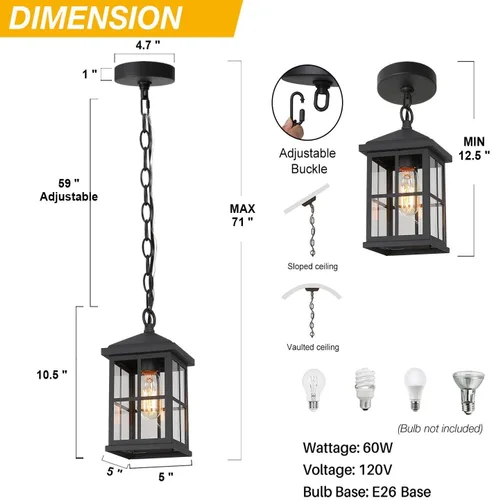 Miniatura 4 de Lámpara colgante para exteriores, luces colgantes exteriores de granja con cadena ajustable, luz de techo negra para exteriores con vidrio