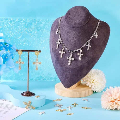 Miniatura 2 de 20 dijes de cruz con diamantes de imitación de cristal y crucifijo colgantes, colgantes de rosario de plata dorada para Pascua, joyería, pulsera