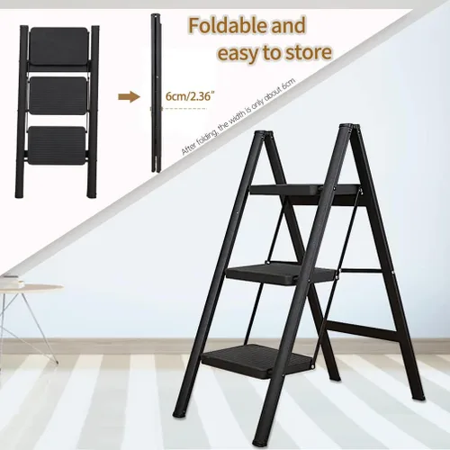 Miniatura 3 de Hershii Taburete plegable portátil de 3 escalones con pedal antideslizante, resistente y ancho, escalera de metal de acero para el hogar, estante