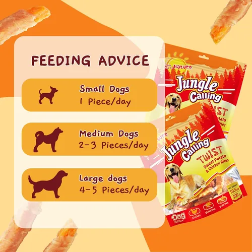 Miniatura 5 de Jungle Calling Golosinas para perros, batata envuelta en pollo sin piel, sin gluten y granos, mordeduras masticables para una nutrición equilibrada