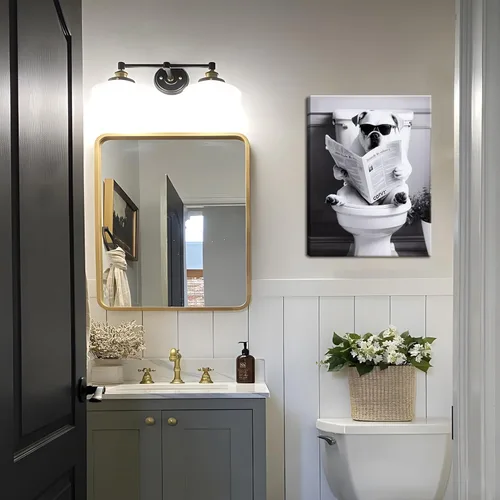 Miniatura 4 de Divertida imagen de baño para decoración de pared, periódico de lectura de perros en el inodoro, arte de pared enmarcado en blanco y negro