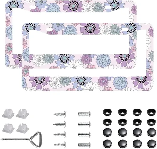 Miniatura 17 de Paquete de 2 marcos para placa de automóvil de acero inoxidable con tornillos, tapas y destornilladores, para mujeres y niñas, diseño de flores de 7
