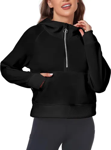 Miniatura 2 de FKEEP Half Zip Hoodies for Women Zipper Up Cropped Hooded Long Sleeve Athletic Pullover Tops with Thumb Hole