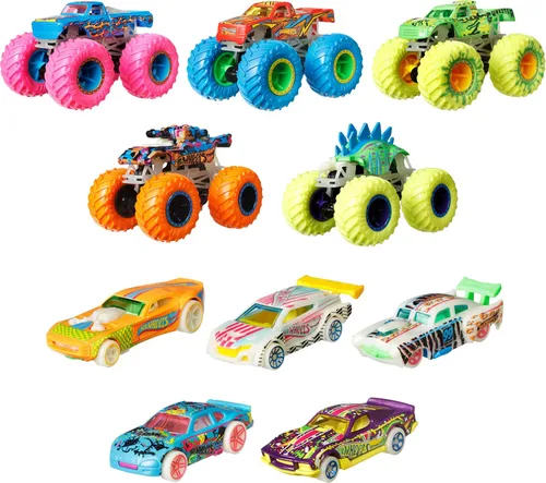 Miniatura 2 de Hot Wheels Toy Monster Trucks - Paquete de 10 vehículos a escala 1:64 que brillan en la oscuridad, juego de 5 camiones y 5 autos, vehículos de juego