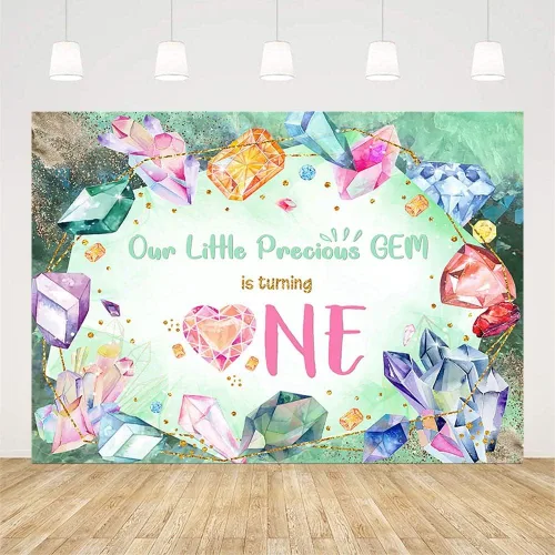 Miniatura 2 de AIBIIN Fondo de fotografía con texto en inglés «She is a Gem is a Gem», «She is a Gem», «Happy 1st Birthday» para niñas y niños, piedras preciosas