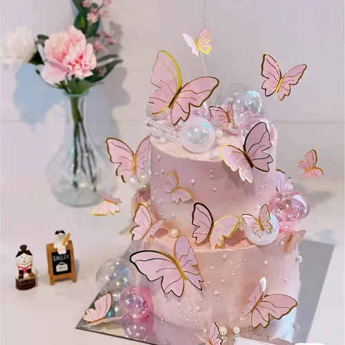 Miniatura 6 de Decoración de mariposa rosa para tartas, 11 piezas de decoración de cupcakes de metal dorado para decoración de fiesta de niñas y mujeres