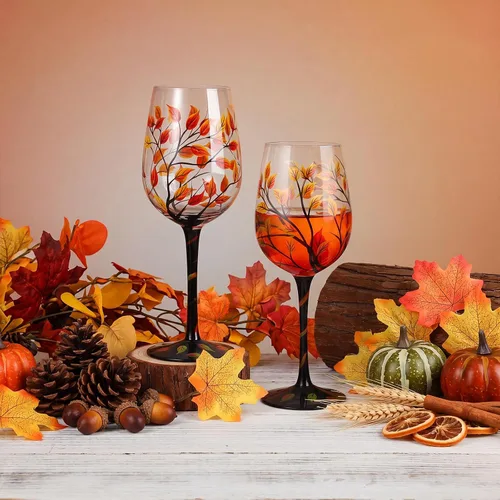 SiliFine Copas de vino pintadas a mano, 2 unidades, hojas de otoño y otoño, copas de vino, regalos para cumpleaños, suministros de fiesta de