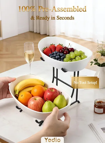 Miniatura 6 de Cuencos de frutas para encimera de cocina, no requiere montaje, cuencos de porcelana de 2 niveles con soporte de metal, cesta de frutas escalonada