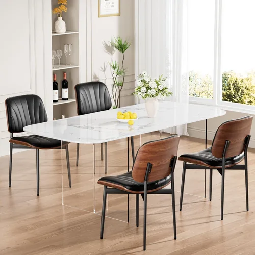 Miniatura 7 de REONEY - Juego de 4 sillas de comedor, modernas de mediados de siglo, tapizadas en piel sintética PU con respaldo de madera curvada de nogal y patas