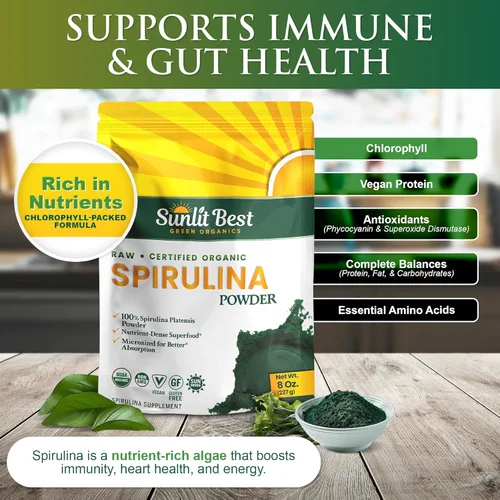 Miniatura 2 de Sunlit Best Polvo de Espirulina Orgánica USDA - Clorofila, Absorción Rápida, Alga Espirulina Azul-Verde, Proteína Cruda Vegana - Sin OMG