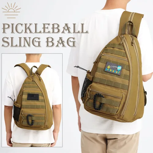 Miniatura 6 de Bandolera de pickleball SunForMorning, mochila táctica de pickleball para mujeres y hombres, bolsa de hombro ajustable con gancho para cerca y Marrón