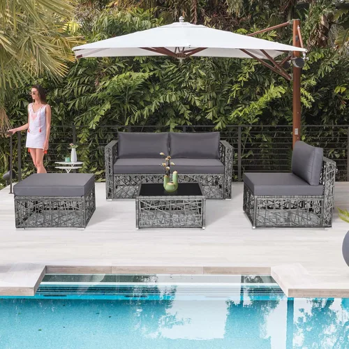 Miniatura 2 de Tangkula Patiojoy - Juego de muebles de patio de 5 piezas, para todo tipo de clima, resistente al aire libre, mimbre de ratán de polietileno, juego