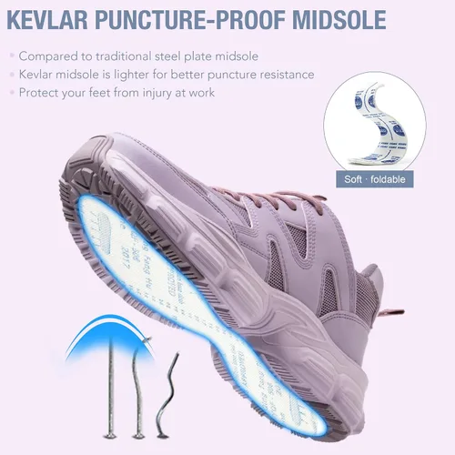 Miniatura 5 de Zapatos de seguridad para mujer y hombre, con puntera de acero, ligeros, transpirables, morados, negros, zapatos de trabajo, zapatos industriales