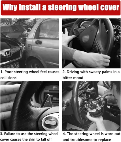 Miniatura 4 de Osilly Funda de cuero para volante de automóvil de 15 pulgadas, accesorios automotrices elástica, transpirable, antideslizante, protector de volante