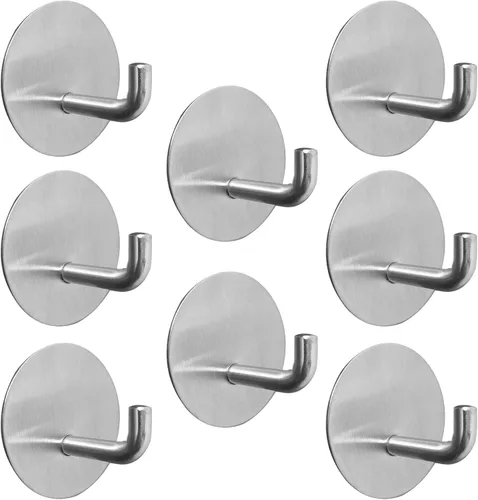 Ganchos adhesivos plateados para pared, sin daños, resistentes, 15 libras (máx.), paquete de 8 unidades, ganchos adhesivos para colgar, acero