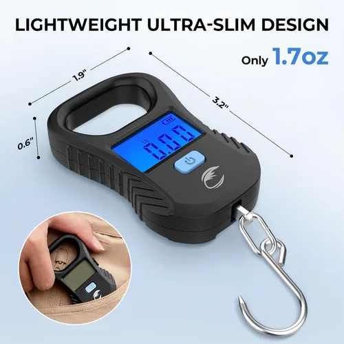 Miniatura 5 de Calamus Báscula de pescado ligera - Báscula digital recargable con cable USB, capacidad de 55 libras, unidades múltiples libras/onzas y kilogramos