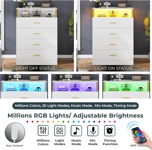 Miniatura 8 de AOGLLATI Cómoda blanca para dormitorio con diseño de columna, cómoda de 4 cajones con estación de carga, cómoda moderna led alta para dormitorio