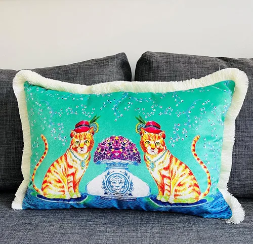 Miniatura 3 de Funda de almohada con patrón de gato amarillo, almohada de terciopelo turquesa, cojín de borla beige, almohada decorativa para decoración del hogar