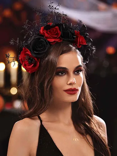 Miniatura 6 de Woeoe Diadema de Halloween FLower con diseño de araña, Día de los Muertos, diseño floral, para disfraz de murciélago y fiesta para mujeres y niñas
